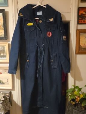 Long Navy Hooded Trench Coat with Patch Details